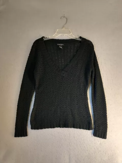 New York Company Womens Sweater Medium Black Wool Blend Long Sleeve V Neck Knit