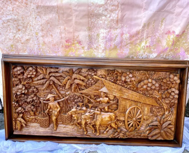 Unique Ramayana High-Relief Thailand Hand Carved Teak Wood 3D Wall Art