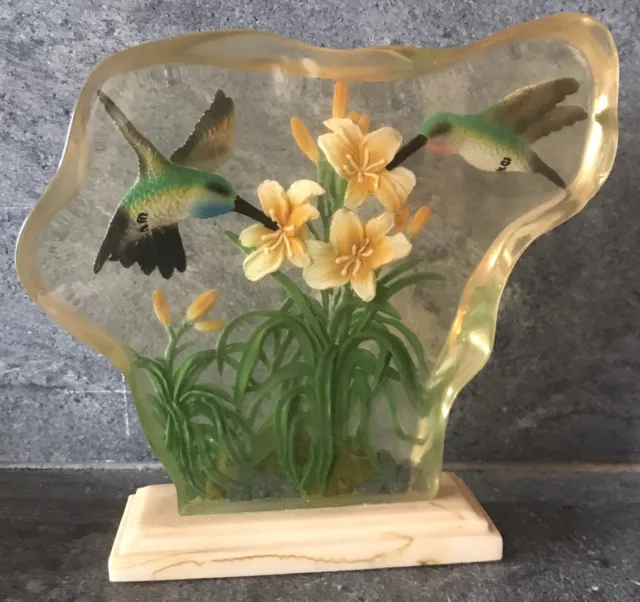 Vintage Lucite Hummingbird Decor Art Reverse Carved Hand Painted OLD COLORFUL