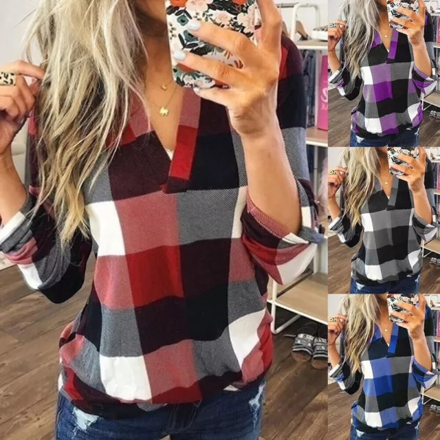 Women Plaid Check V Neck Blouse Shirt Ladies Long Sleeve Casual Baggy Loose Tops