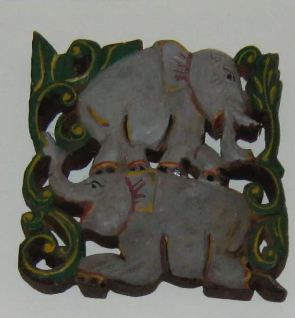 ANTIQUE Carved wood ELEPHANT pair SCULPTURE temple wall BURMA Myanmar very FINE
