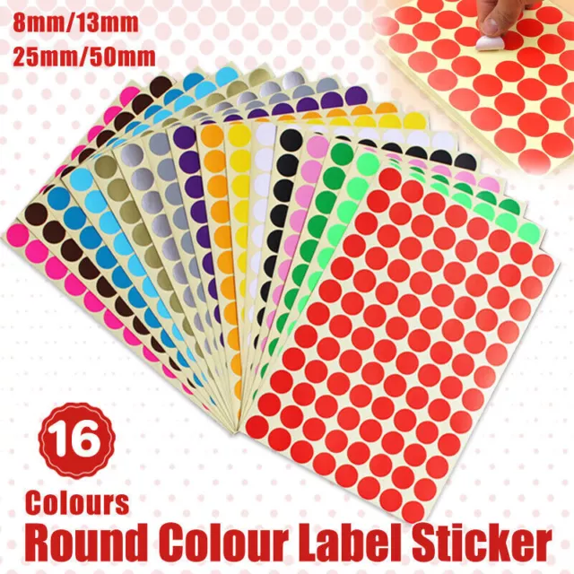 8/13/25/50mm Colour Sticker Dots Adhesive Round Labels Circular Scrapbooking AU
