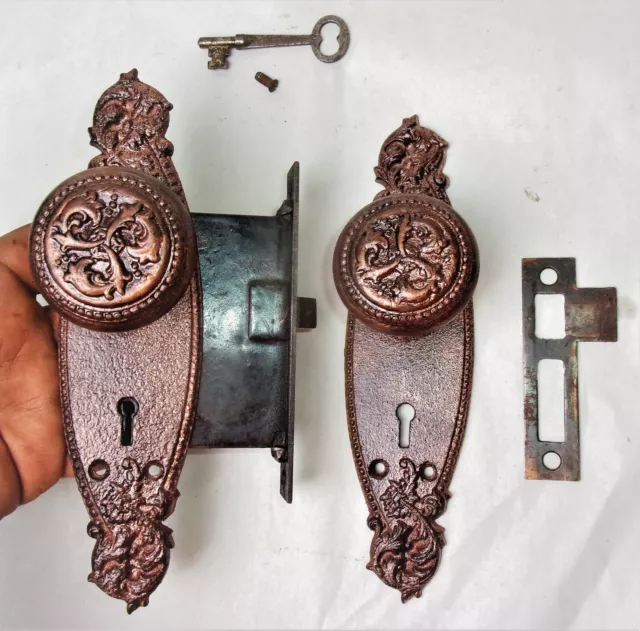 Antique Set EASTLAKE VICTORIAN Cast Iron Backplates Door Knob Mortise Lock w Key