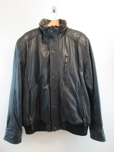Andrew Marc Black 100% Leather Bomber Jacket With Detachable Faux Fur Collar, Xl