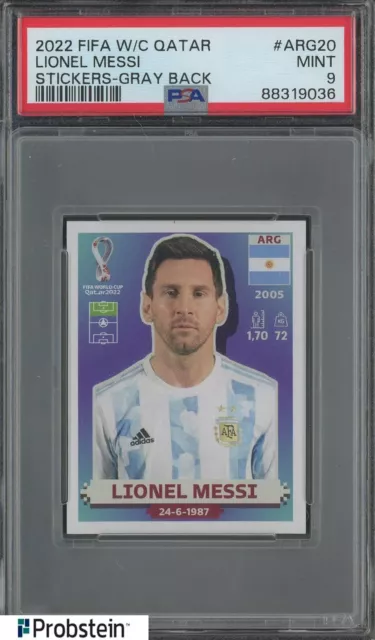 2022 Panini FIFA World Cup Qatar Stickers #ARG20 Lionel Messi Gray Back PSA 9