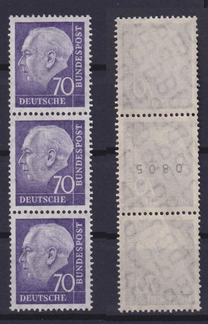 Bund 263xv Heuss 70 Pf gerade Nr. 0805 3er Streifen gepr. Schmidl postfrisch