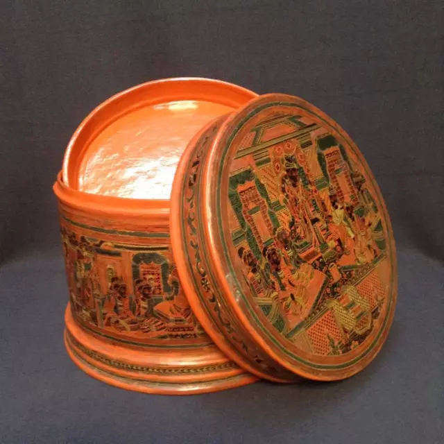 Vintage Large Burmese Cinnabar Lacquer Betel Storage Container 3 Pcs 2