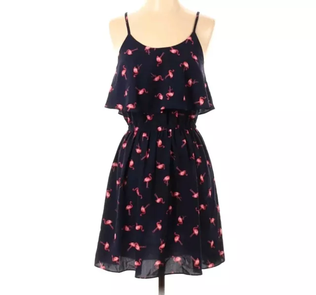 Elle Women's Flamingo Sleeveless Flounce Adjustable  Dress Size Small Blue Pink