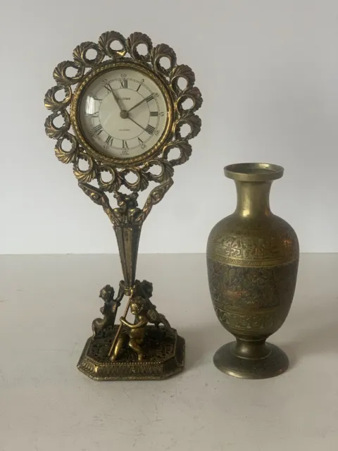 -VTG Small Ornate Brass Mantel Clock Germany (Not Tested)& Brass Etched Vase