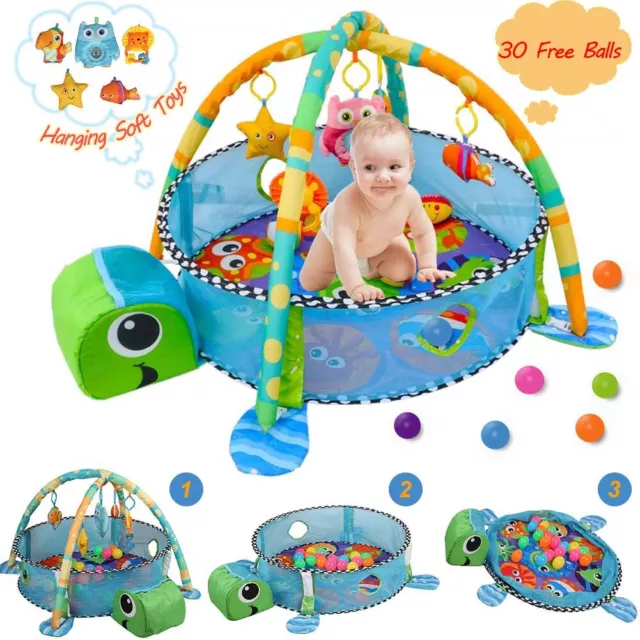 3 in 1 Turtle Baby Gym Activity Play Floor Mat Ball Pit and Toys Babies Playmats