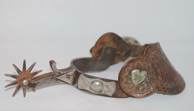 Antique A.Buermann Silver Mount Forged Steel Large Spur with Original Leather