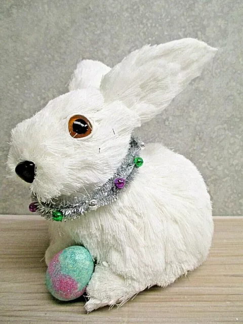 White Sisal Bunny Rabbit w/ Silver Tinsel Beads and Egg 6" Easter Decor