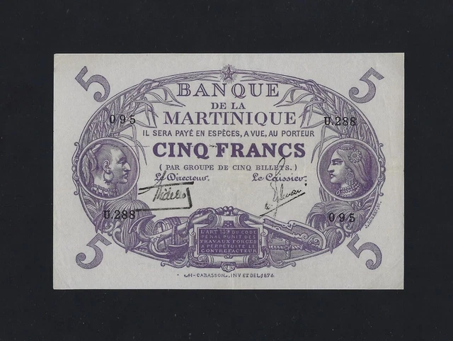 MARTINIQUE 5 FRANCS 1901 - 1934 P-6 AUNC FRANCE Guadeloupe
