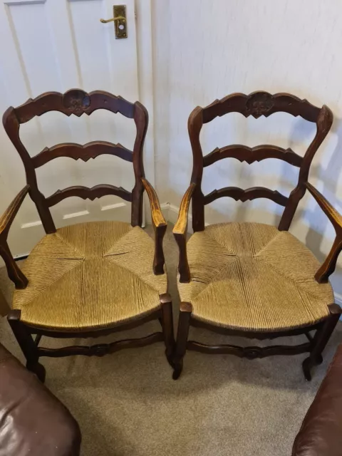 Pair French Provincial Louis XV style, Rush Seat Arm Chairs, Country Ladder Back