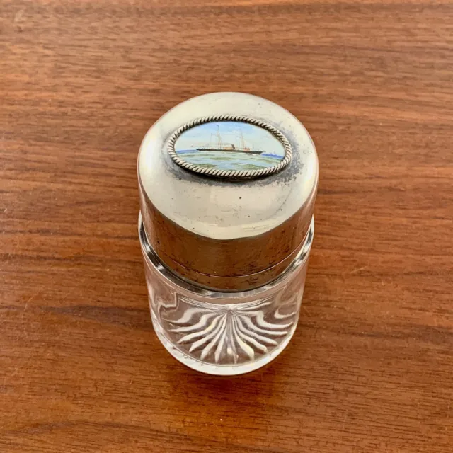 Gorham Sterling Silver & Glass Dresser Jar / Bottle Painted Nautical Ship 1896