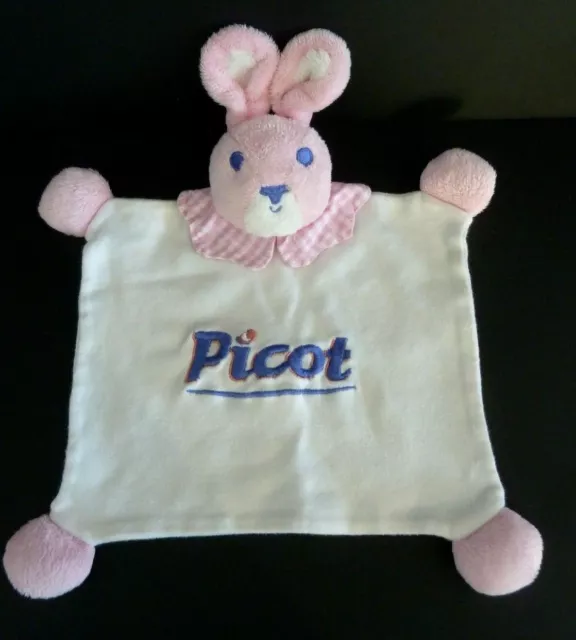 45. Doudou Ancien Plat Picot Lapin Rose Blanc Col Vichy Carreaux  Etat Neuf*