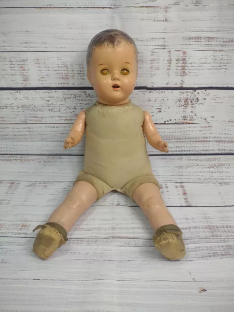 Vintage Composition Doll Creepy Haunted Teeth Tongue Squeak Halloween Antique