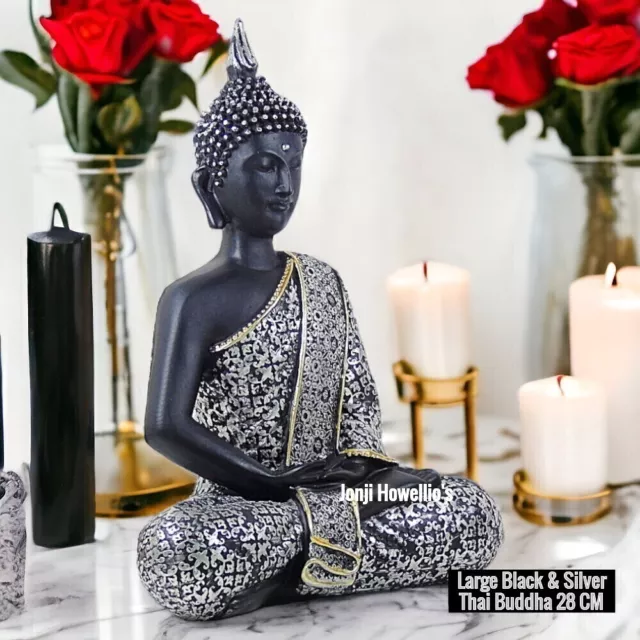 Large Thai Buddha Sculpture Meditating Ornament Silver Black Figurine Home Decor