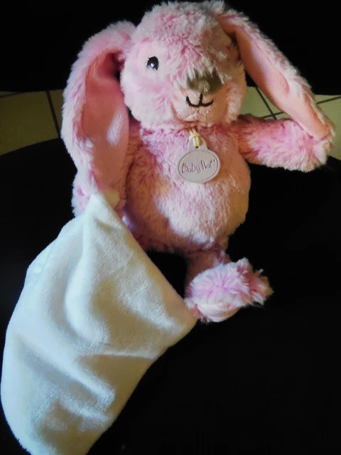 doudou peluche lapin Guimauve rose + mouchoir blanc BABY NAT' 19cm