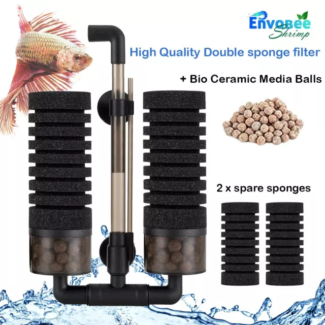 Aquarium Double Sponge Filter Air Biochemical Betta Shrimp Fish Tank + Bio Ball