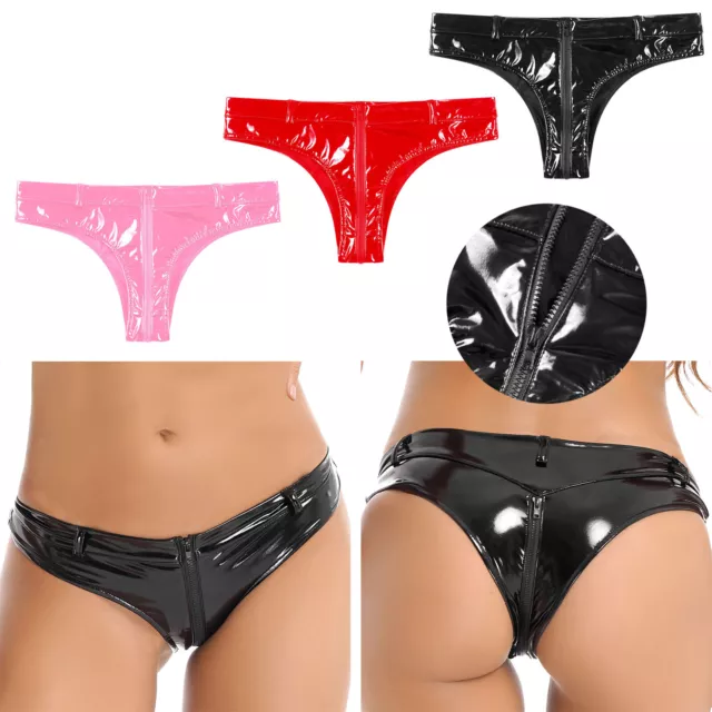 DE Damen Wetlook Slip Lack Leder Hotpants mit Reißverschluss Hohe Booty Shorts