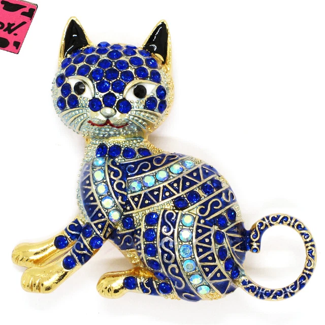 Hot Blue Bling Cute Cat Animal Crystal Betsey Johnson Charm Woman Brooch Pin