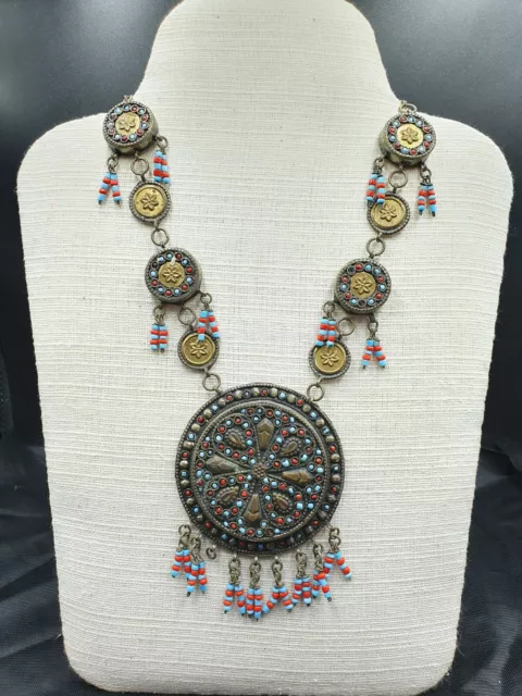 Old Huge Turkmen Sold Silver Beautiful Necklace With Turquoise And Coral Stone