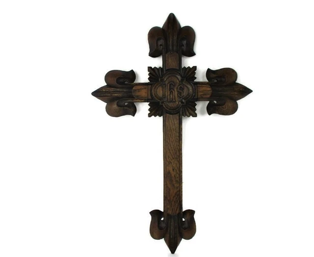 XL French France Hanging Hand Carved Wooden Wall Crucifix Church Chapel Fleur de