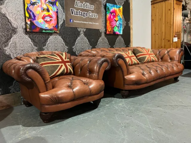 Tetrad Oskar Chesterfield 3 Seater Sofa & Club Chair in Tan Leather - Delivery