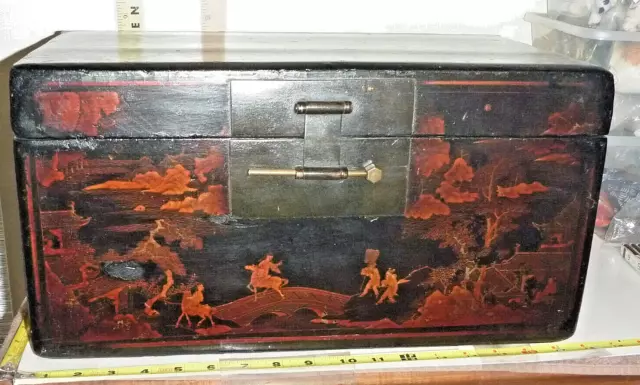 ANTIQUE Late 19th Century LACQUER CHINESE WOOD & Brass CHEST ~17½"L x 10½W x 9H