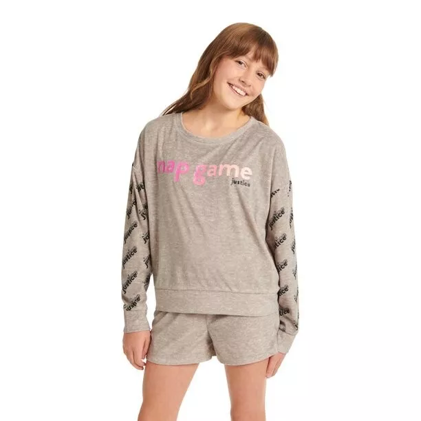 Justice Girls Cozy Fleece Long Sleeve Top & Sleep Short Pajama Set Size XL 16-18