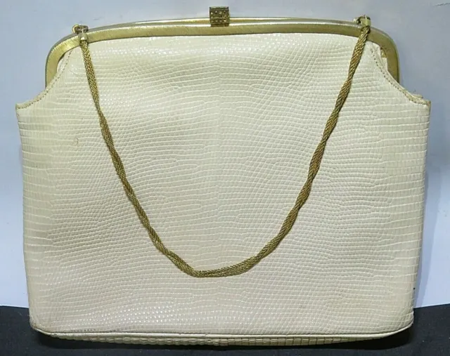 Vintage Rosenfeld Genuine Lizard Gold Trim Tan Handbag Purse
