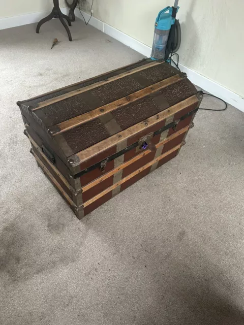 Large Banded Vintage Trunk Chest Solid Pine Antique Dome Top. Beautiful Restored