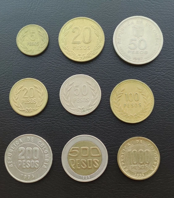 Colombia 5-20-50-100-200-500-1000 Pesos 1989-1998 Lot 9 Coins