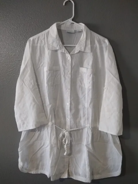 Liz Claiborne Women's XL Tunic Blouse Button Up Roll Tab Slvs Tie Belt White