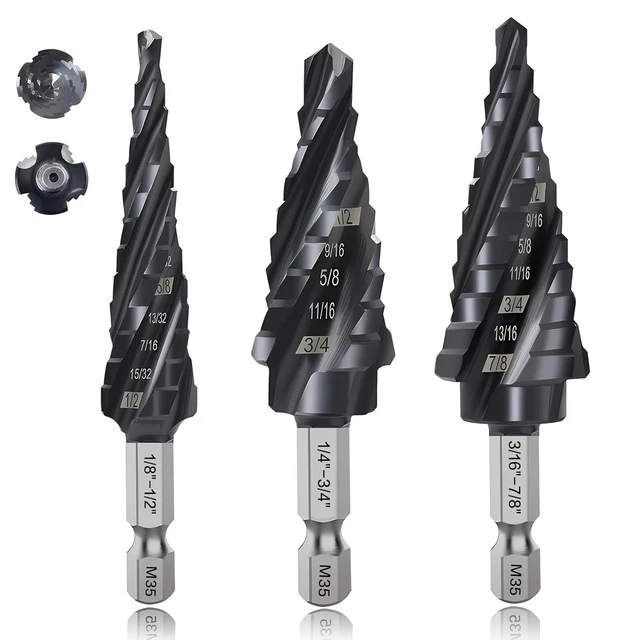 3-Pc Step Drill Bit Set for Metal Wood 1/8"-7/8", 4-Spiral Flutes, M35 HSS Cobal