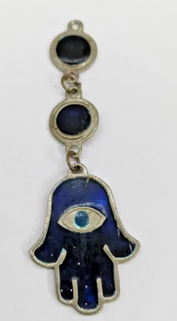 Antique Original Glass Blue Brass Eye Palm Pendant Rare Protect Evil Envy 5"x1"