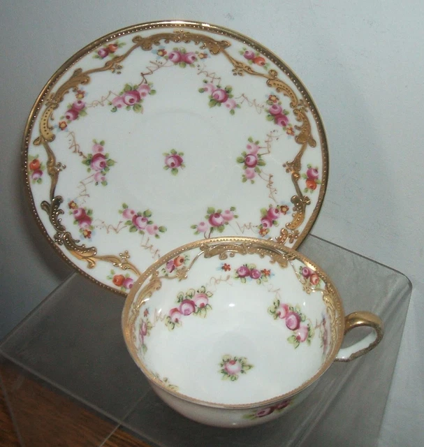 Noritake Nippon-Stil Handbemalt Vergoldete Rosa Rosen Tasse Und Untertasse