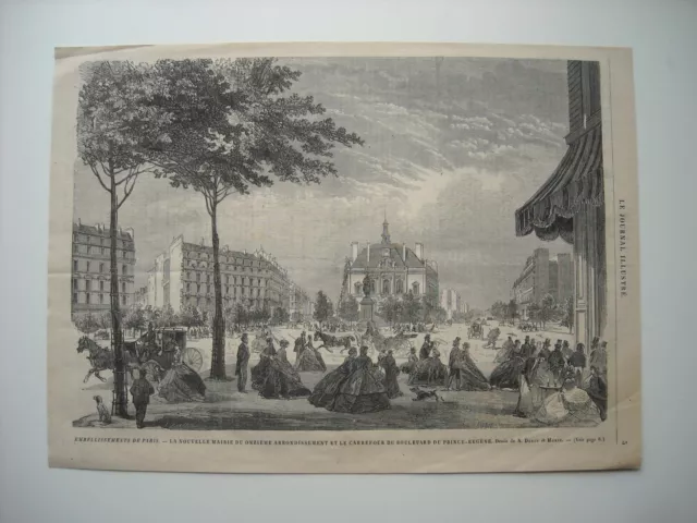 Gravure 1868. Paris. La Nouvelle Mairie Du 11 Eme Arr Et Carrefour Bld Prince Eu