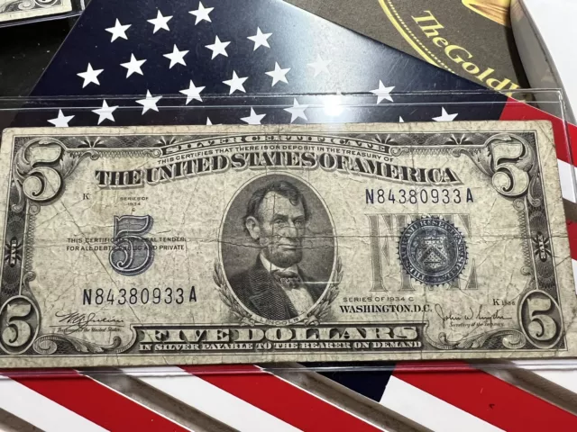 1934 C $5 Five Dollar Bill Silver Certificates Blue Seal Note N84380933A