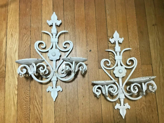 Pair Cast Iron Double Candle Wall Sconces Prisms Heavy Antique Vtg Fluer De Lis