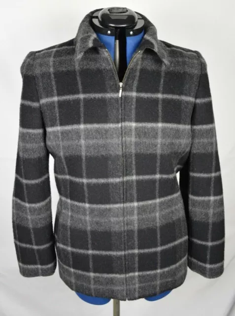 Eddie Bauer Black Gray Plaid Wool Blend Full Zip Pea Coat Jacket Women's Medium