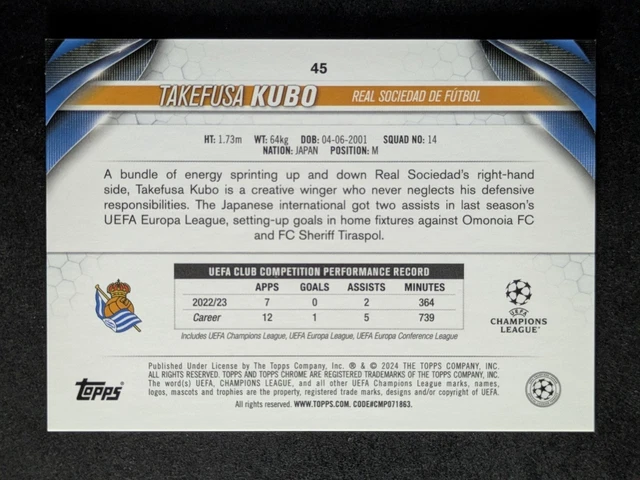 2023-24 TOPPS CHROME UEFA Club Competitions TAKEFUSA KUBO SP VAR #45b £ ...
