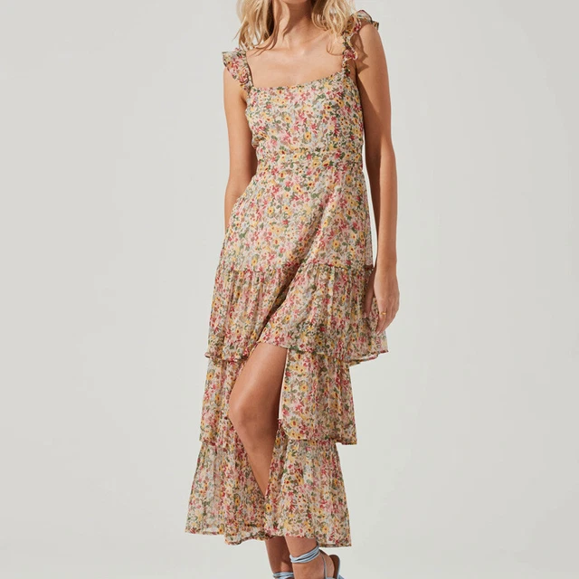 Robe Femme Boho Bohème Beige Rose Motif à Fleurs sans Manches Été 18717