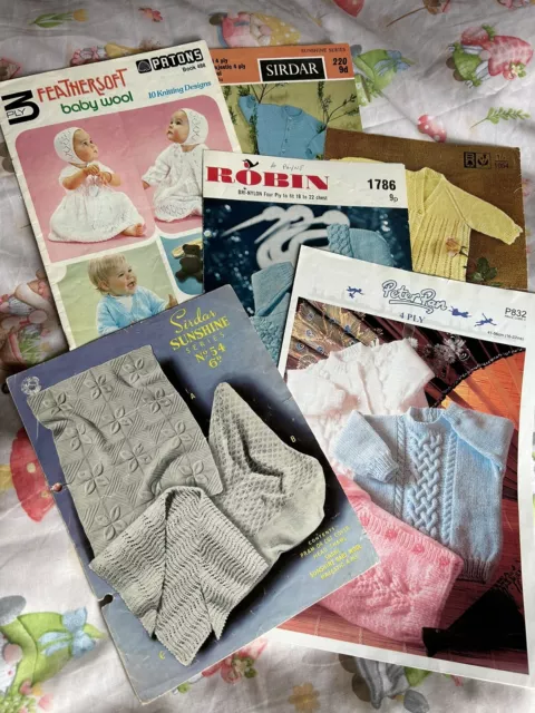 6 Vintage Baby Knitting Patterns including PeterPan, Sirdar ,Patons Joblot