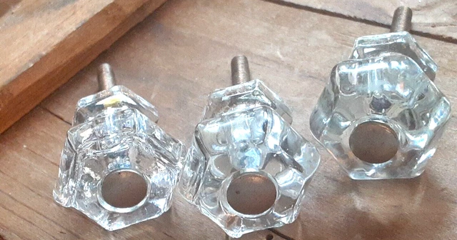3 Vintage Hex Clear Glass Knobs Drawer Dresser Cabinet Pulls Handles w/bolts 1"