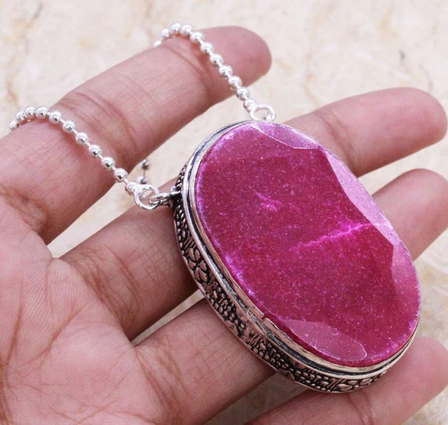 Simulated Ruby 925 Silver Plated Handmade Necklace of 16" Ethnic Gift