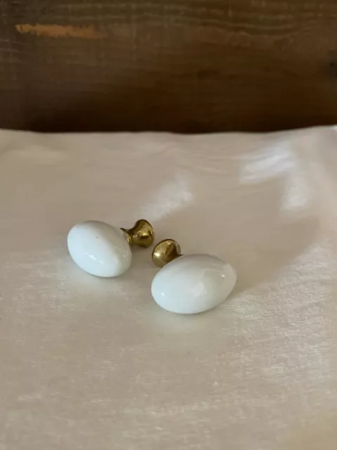 Belwith Vintage White Oval with Brass Finished Hardware Cabinet Pull Knob- 1 1/4