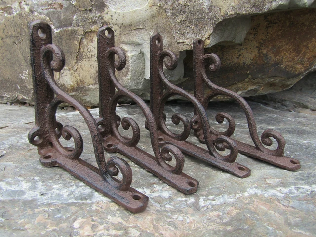 Set of 4 Cast Iron 4" Small Shelf Brackets AntiqueStyle Rustic Wave Scroll