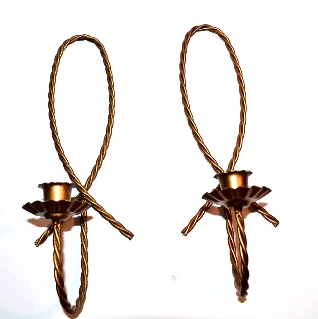 Vtg pair HOMCO Twisted Metal Rope Design Candle Wall Sconces gold color
